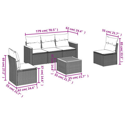 vidaXL 6-tlg. Garten-Sofagarnitur mit Kissen Grau Poly Rattan