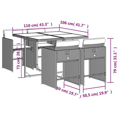 vidaXL 5-tlg. Garten-Essgruppe mit Kissen Grau Poly Rattan