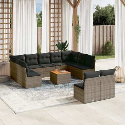 vidaXL 12-tlg. Garten-Sofagarnitur mit Kissen Grau Poly Rattan