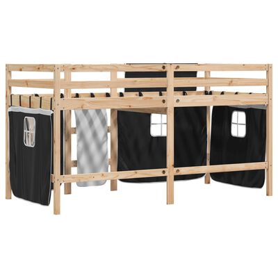 vidaXL Kinderhochbett mit Vorhängen Weiß Schwarz 90x200 cm Kiefernholz