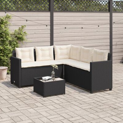 vidaXL Gartensofa in L-Form mit Tisch und Kissen Schwarz Poly Rattan