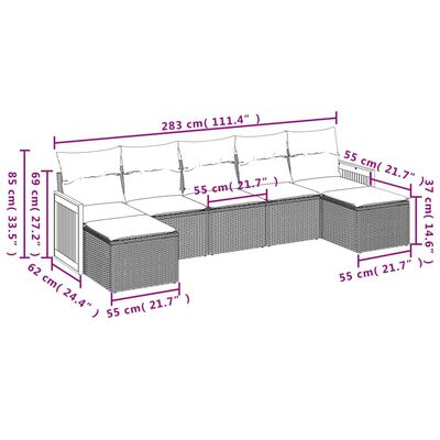 vidaXL 7-tlg. Garten-Sofagarnitur mit Kissen Schwarz Poly Rattan