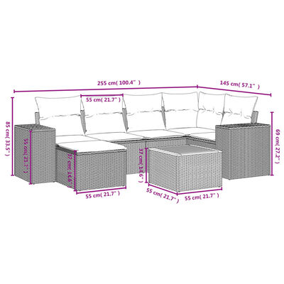 vidaXL 7-tlg. Garten-Sofagarnitur mit Kissen Schwarz Poly Rattan