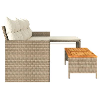 vidaXL Gartensofa in L-Form mit Tisch und Kissen Beige Poly Rattan