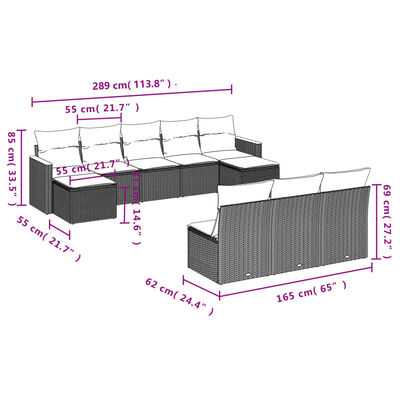 vidaXL 10-tlg. Garten-Sofagarnitur mit Kissen Grau Poly Rattan