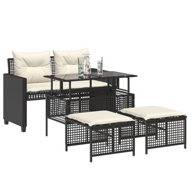 vidaXL 4-tlg. Garten-Sofagarnitur mit Kissen Schwarz Poly Rattan Glas