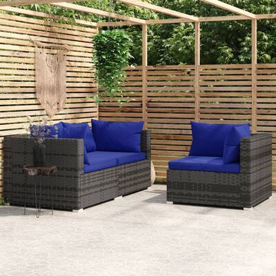 vidaXL 3-tlg. Garten-Lounge-Set mit Kissen Grau Poly Rattan