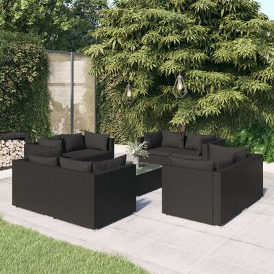 vidaXL 9-tlg. Garten-Lounge-Set mit Kissen Poly Rattan Schwarz