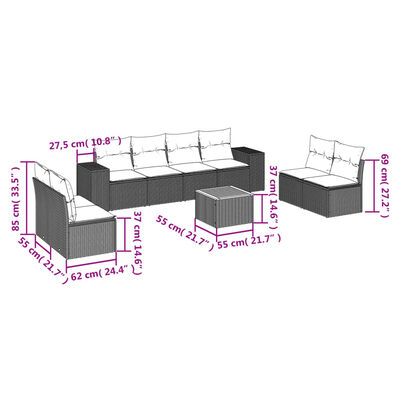 vidaXL 9-tlg. Garten-Sofagarnitur mit Kissen Grau Poly Rattan