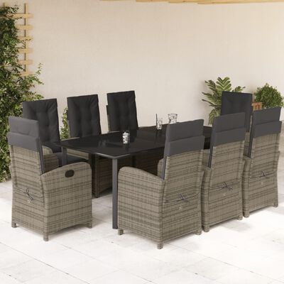 vidaXL 9-tlg. Garten-Essgruppe mit Kissen Grau Poly Rattan