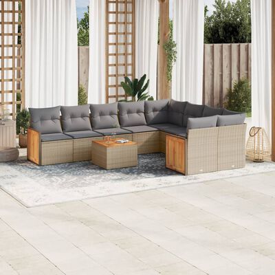 vidaXL 10-tlg. Garten-Sofagarnitur mit Kissen Beige Poly Rattan