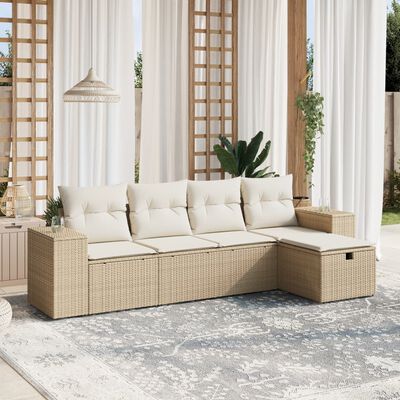 vidaXL 5-tlg. Garten-Sofagarnitur mit Kissen Beige Poly Rattan