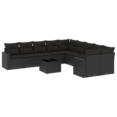 vidaXL 11-tlg. Garten-Sofagarnitur mit Kissen Schwarz Poly Rattan