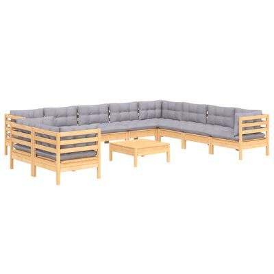 vidaXL 11-tlg. Garten-Lounge-Set mit Grauen Kissen Massivholz Kiefer