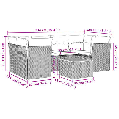 vidaXL 7-tlg. Garten-Sofagarnitur mit Kissen Beige Poly Rattan