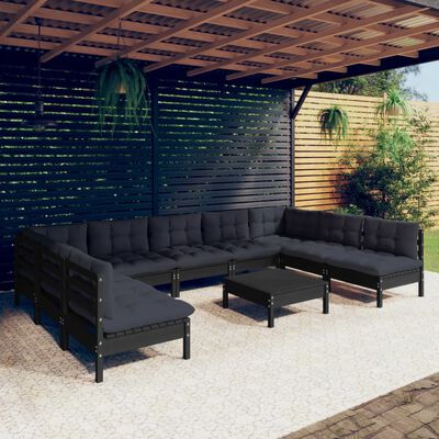 vidaXL 10-tlg. Garten-Lounge-Set mit Kissen Schwarz Massivholz Kiefer