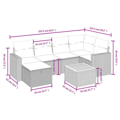 vidaXL 7-tlg. Garten-Sofagarnitur mit Kissen Beige Poly Rattan