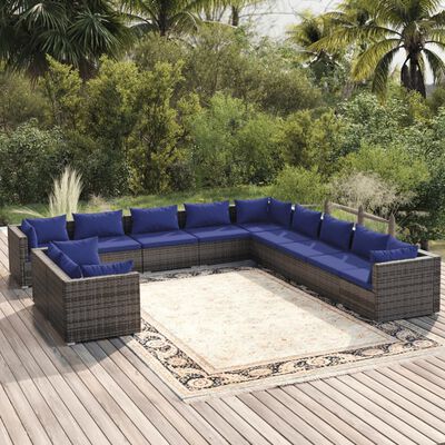 vidaXL 11-tlg. Garten-Lounge-Set mit Kissen Grau Poly Rattan