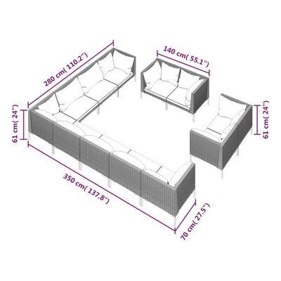 vidaXL 12-tlg. Garten-Lounge-Set mit Kissen Poly Rattan Dunkelgrau