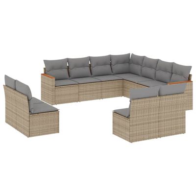 vidaXL 11-tlg. Garten-Sofagarnitur mit Kissen Beige Poly Rattan