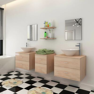 9-tlg. Wasserhahn Waschbecken Badmöbel-Set mit vidaXL und Beige