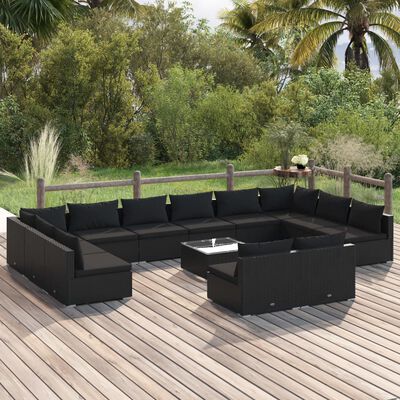 vidaXL 13-tlg. Garten-Lounge-Set mit Kissen Schwarz Poly Rattan