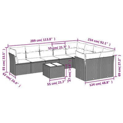 vidaXL 10-tlg. Garten-Sofagarnitur mit Kissen Schwarz Poly Rattan