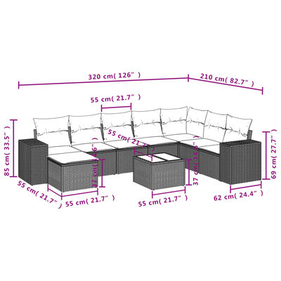 vidaXL 9-tlg. Garten-Sofagarnitur mit Kissen Schwarz Poly Rattan