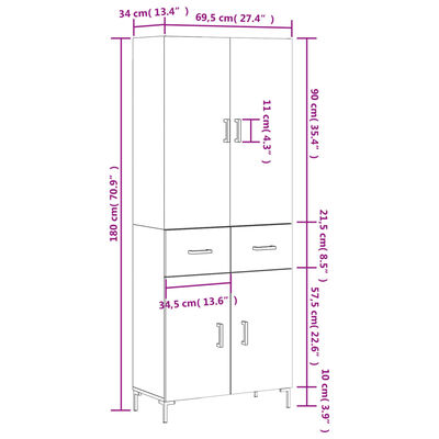 vidaXL Highboard Betongrau 69,5x34x180 cm Holzwerkstoff