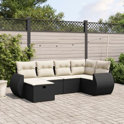 vidaXL 6-tlg. Garten-Sofagarnitur mit Kissen Schwarz Poly Rattan