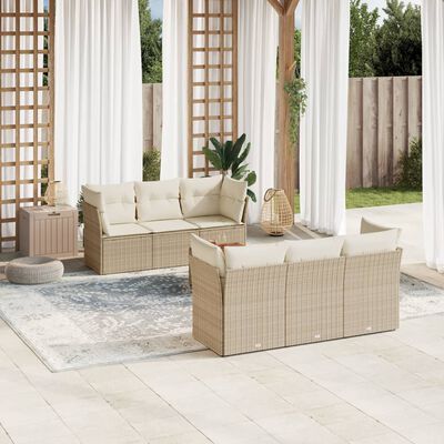 vidaXL 7-tlg. Garten-Sofagarnitur mit Kissen Beige Poly Rattan