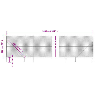 vidaXL Maschendrahtzaun mit Bodenhülsen Silbern 2,2x10 m