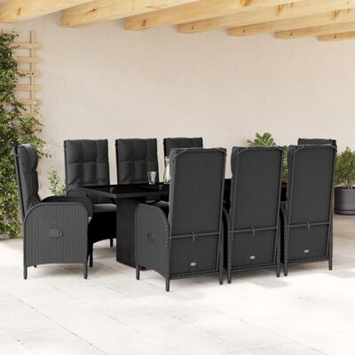 vidaXL 9-tlg. Garten-Essgruppe mit Kissen Schwarz Poly Rattan