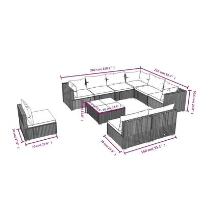 vidaXL 10-tlg. Garten-Lounge-Set mit Kissen Poly Rattan Grau