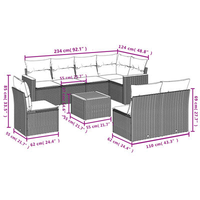 vidaXL 9-tlg. Garten-Sofagarnitur mit Kissen Beige Poly Rattan