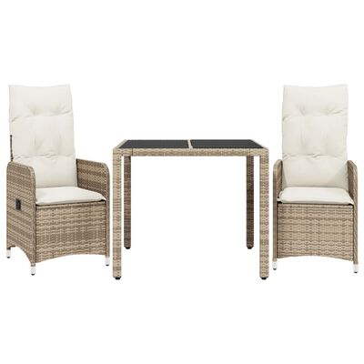 vidaXL 3-tlg. Garten-Bistro-Set mit Kissen Beige Poly Rattan