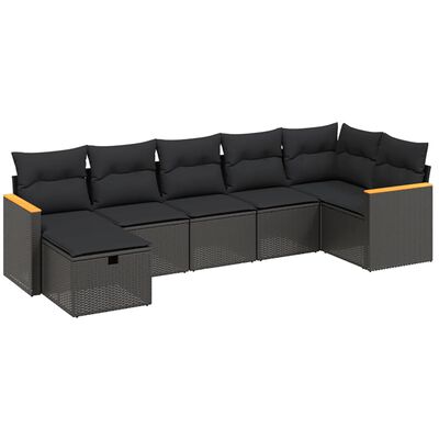 vidaXL 7-tlg. Garten-Sofagarnitur mit Kissen Schwarz Poly Rattan