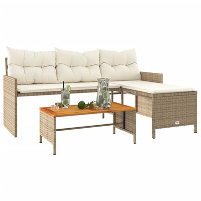 vidaXL Gartensofa in L-Form mit Tisch und Kissen Beige Poly Rattan