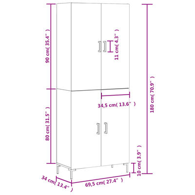 vidaXL Highboard Grau Sonoma 69,5x34x180 cm Holzwerkstoff