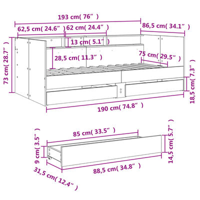 vidaXL Tagesbett mit Schubladen ohne Matratze Räuchereiche 75x190 cm