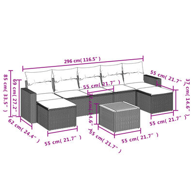 vidaXL 8-tlg. Garten-Sofagarnitur mit Kissen Beige Poly Rattan