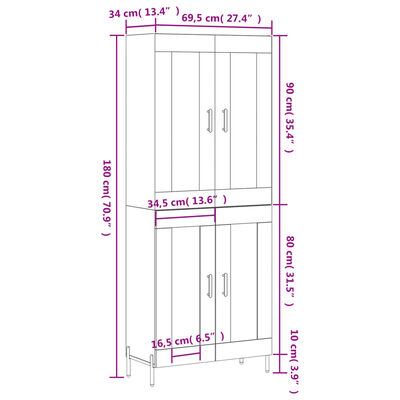 vidaXL Highboard Betongrau 69,5x34x180 cm Holzwerkstoff