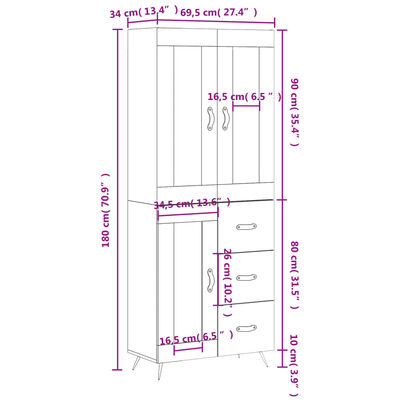 vidaXL Highboard Grau Sonoma 69,5x34x180 cm Holzwerkstoff