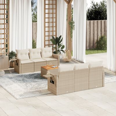 vidaXL 7-tlg. Garten-Sofagarnitur mit Kissen Beige Poly Rattan