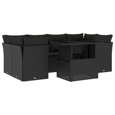 vidaXL 7-tlg. Garten-Sofagarnitur mit Kissen Schwarz Poly Rattan