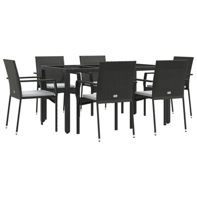 vidaXL 7-tlg. Garten-Essgruppe mit Kissen Schwarz Poly Rattan