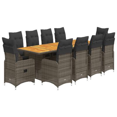 vidaXL 11-tlg. Garten-Bistro-Set mit Kissen Grau Poly Rattan