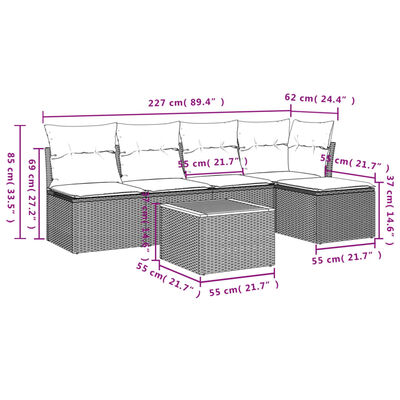 vidaXL 6-tlg. Garten-Sofagarnitur mit Kissen Beige Poly Rattan