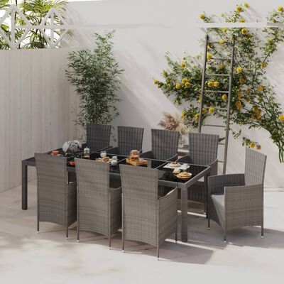 vidaXL 9-tlg. Garten-Essgruppe mit Kissen Poly Rattan Grau