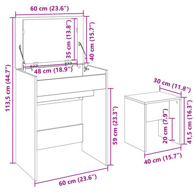 vidaXL Schminktisch mit Hocker Weiß 60x40x113,5 cm